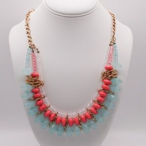 Coral Pink Blue White Beaded Collar Necklace
